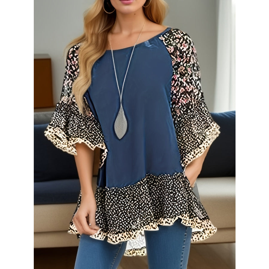 Full Size Frill Printed Round Neck Half Sleeve Blouse Apparel and Accessories