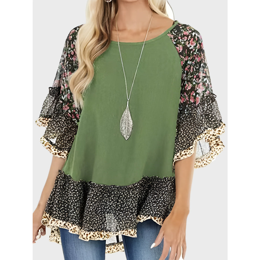 Full Size Frill Printed Round Neck Half Sleeve Blouse Apparel and Accessories