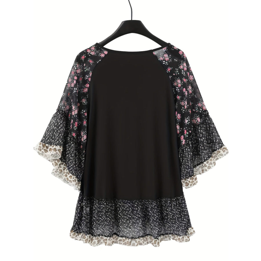 Full Size Frill Printed Round Neck Half Sleeve Blouse Apparel and Accessories