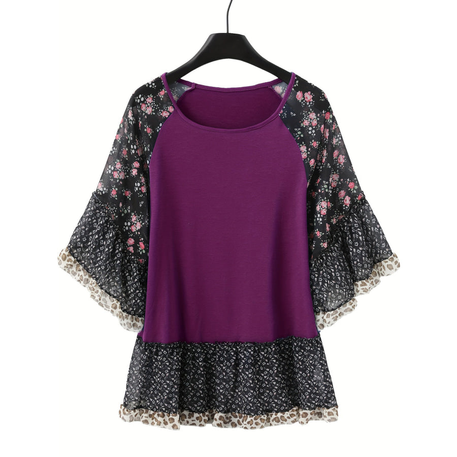 Full Size Frill Printed Round Neck Half Sleeve Blouse Apparel and Accessories