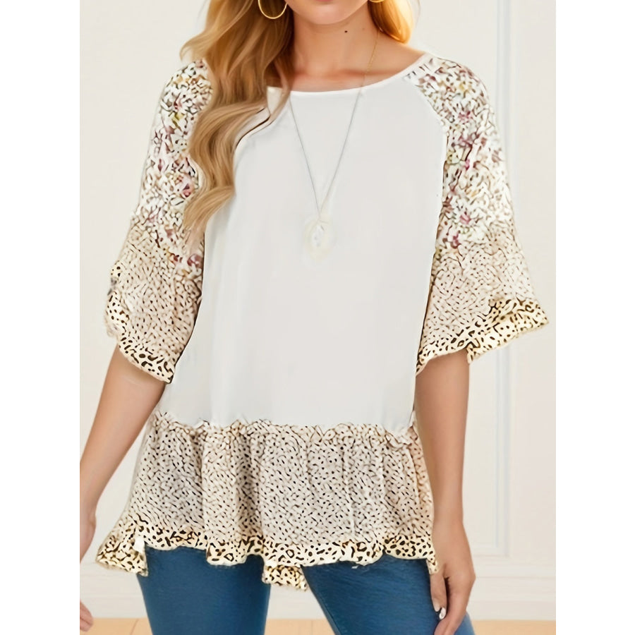 Full Size Frill Printed Round Neck Half Sleeve Blouse Apparel and Accessories