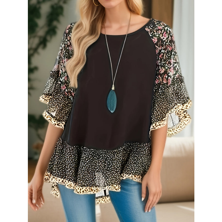 Full Size Frill Printed Round Neck Half Sleeve Blouse Apparel and Accessories