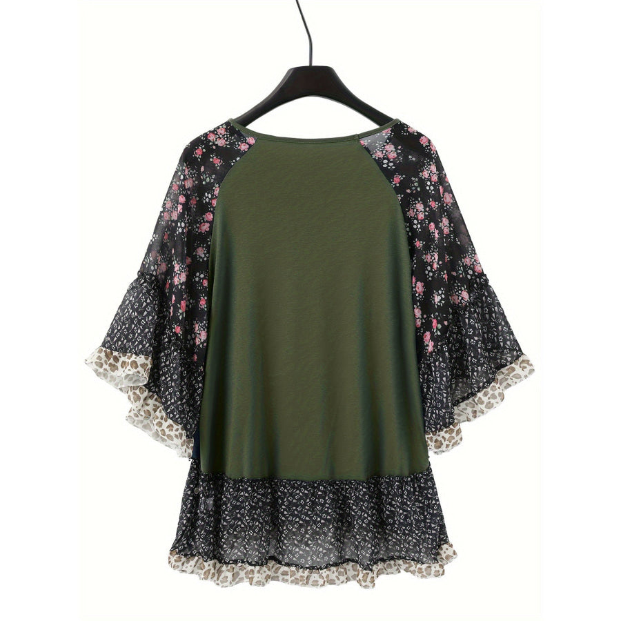 Full Size Frill Printed Round Neck Half Sleeve Blouse Apparel and Accessories