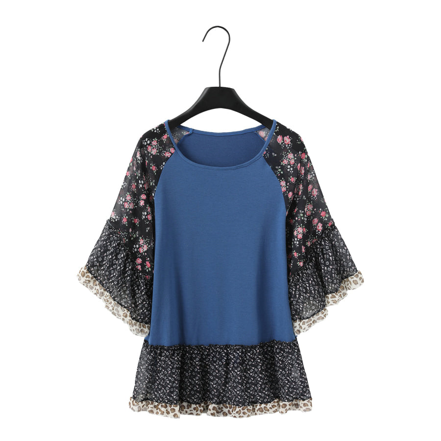 Full Size Frill Printed Round Neck Half Sleeve Blouse Apparel and Accessories