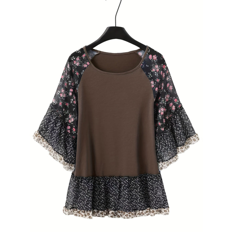 Full Size Frill Printed Round Neck Half Sleeve Blouse Apparel and Accessories