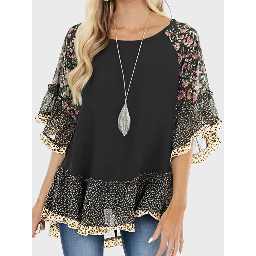 Full Size Frill Printed Round Neck Half Sleeve Blouse Apparel and Accessories