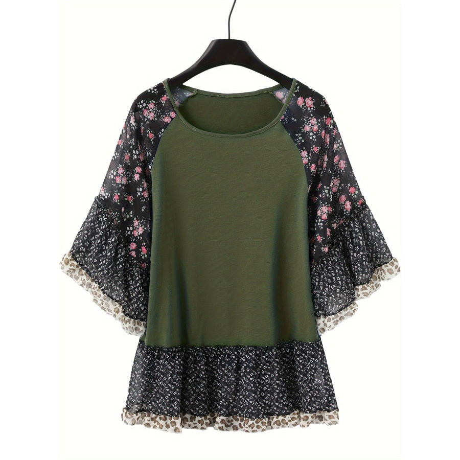 Full Size Frill Printed Round Neck Half Sleeve Blouse Apparel and Accessories