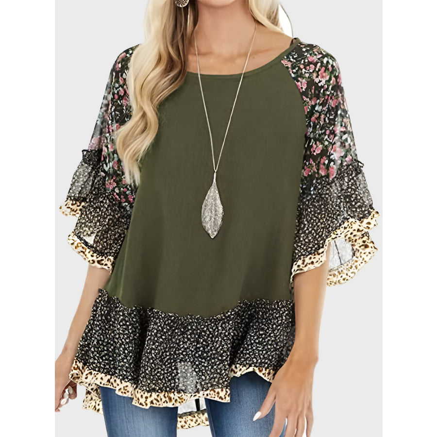 Full Size Frill Printed Round Neck Half Sleeve Blouse Army Green / S Apparel and Accessories