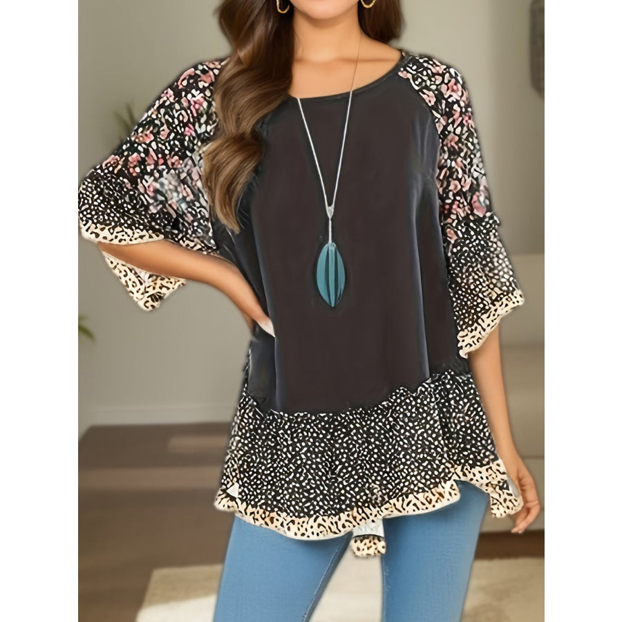 Full Size Frill Printed Round Neck Half Sleeve Blouse Black / S Apparel and Accessories