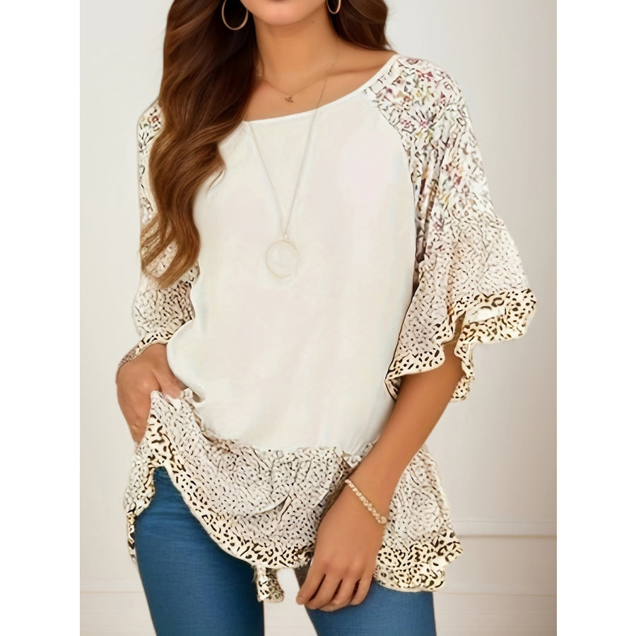 Full Size Frill Printed Round Neck Half Sleeve Blouse Cream / S Apparel and Accessories