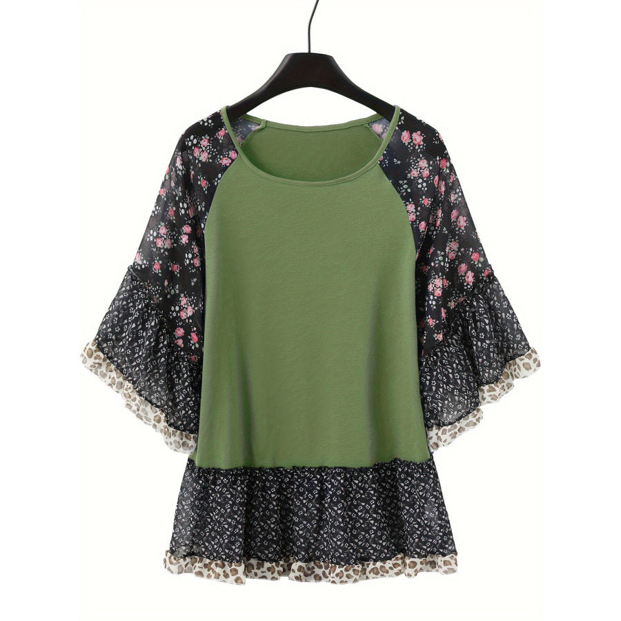 Full Size Frill Printed Round Neck Half Sleeve Blouse Matcha Green / S Apparel and Accessories