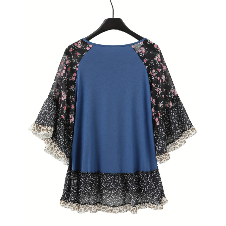 Full Size Frill Printed Round Neck Half Sleeve Blouse Navy / S Apparel and Accessories