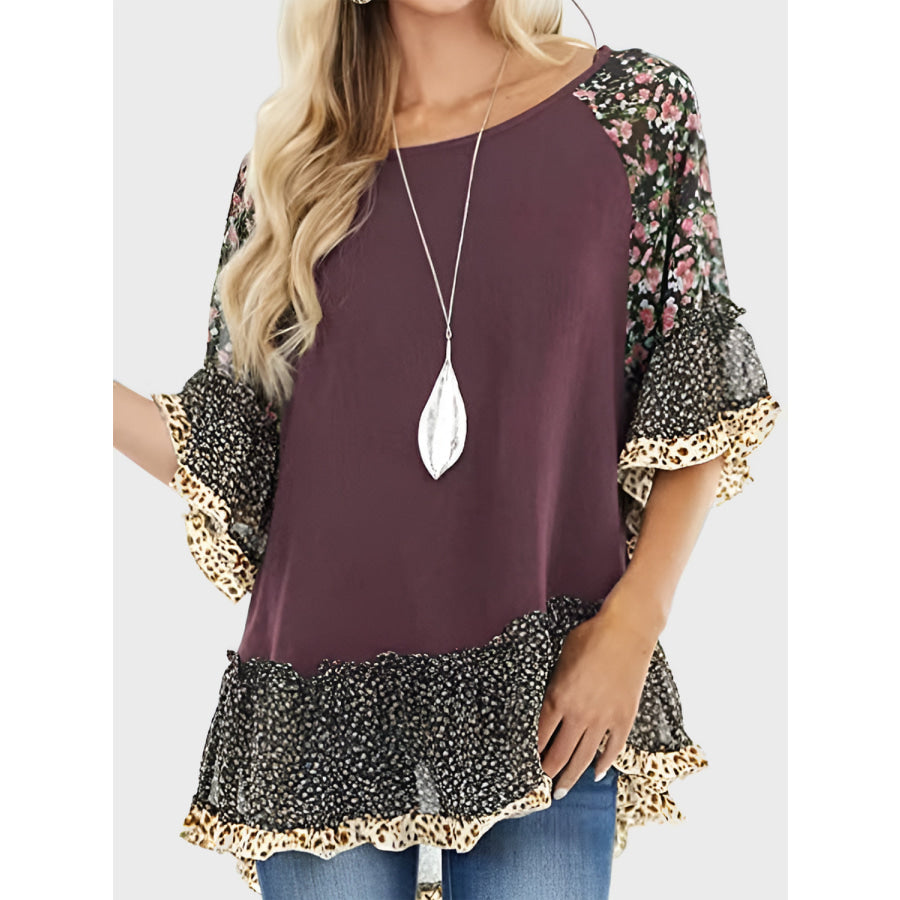 Full Size Frill Printed Round Neck Half Sleeve Blouse Plum / S Apparel and Accessories