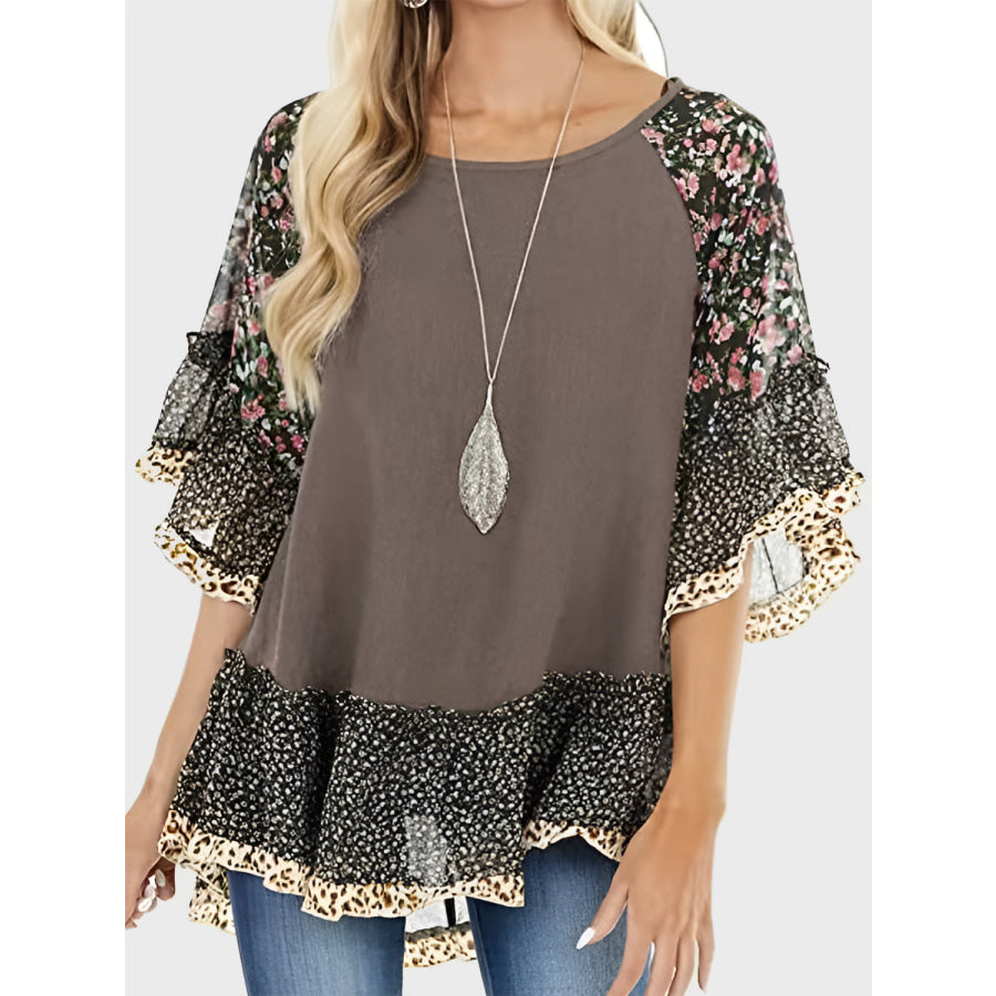 Full Size Frill Printed Round Neck Half Sleeve Blouse Taupe / S Apparel and Accessories