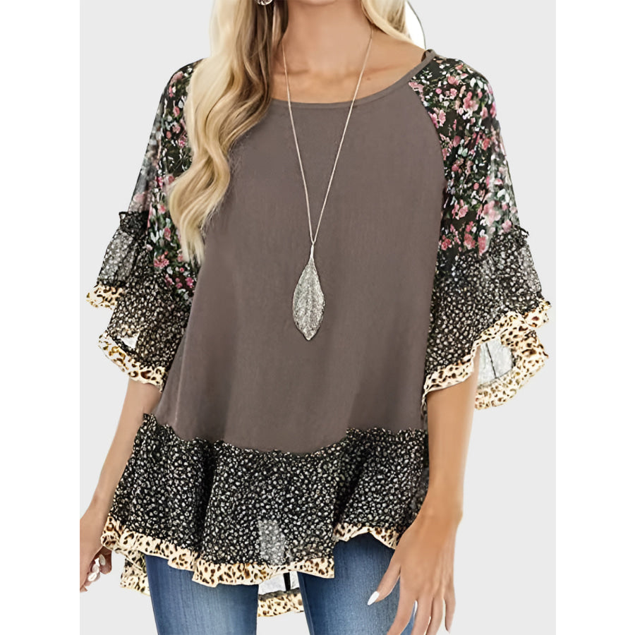 Full Size Frill Printed Round Neck Half Sleeve Blouse Taupe / S Apparel and Accessories