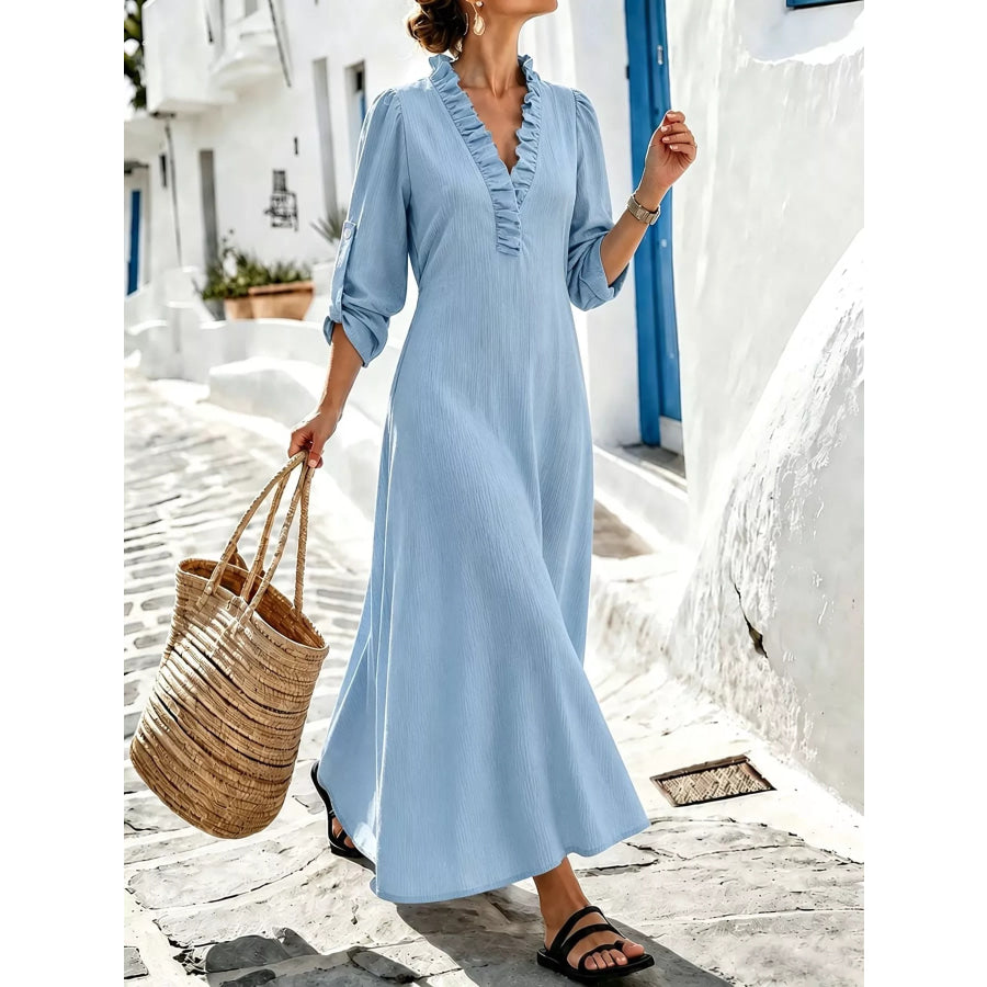 Full Size Frill Roll-Up Sleeve Maxi Dress Plus Apparel and Accessories