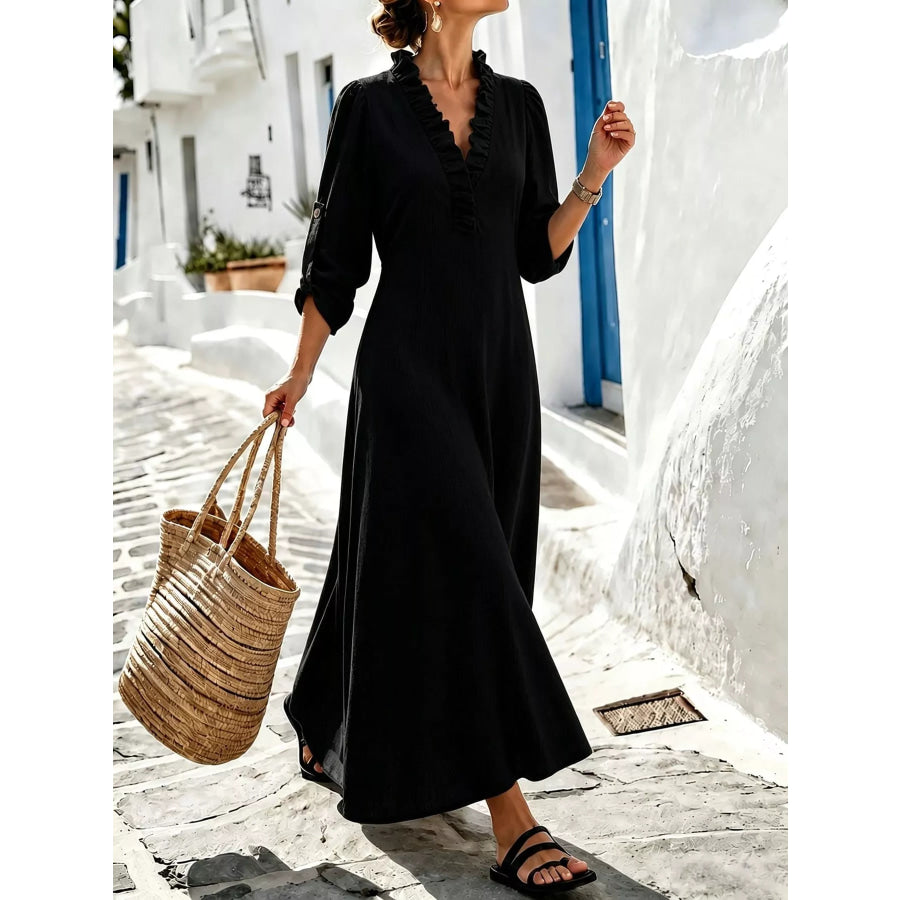 Full Size Frill Roll-Up Sleeve Maxi Dress Plus Apparel and Accessories