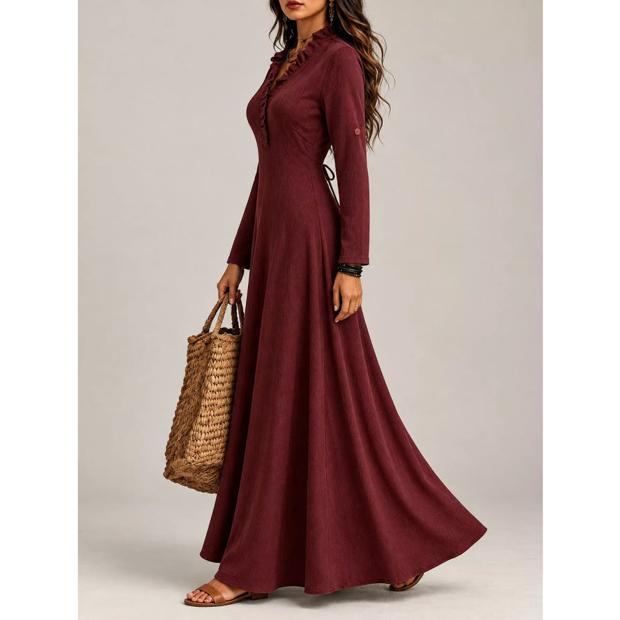 Full Size Frill Roll-Up Sleeve Maxi Dress Plus Apparel and Accessories