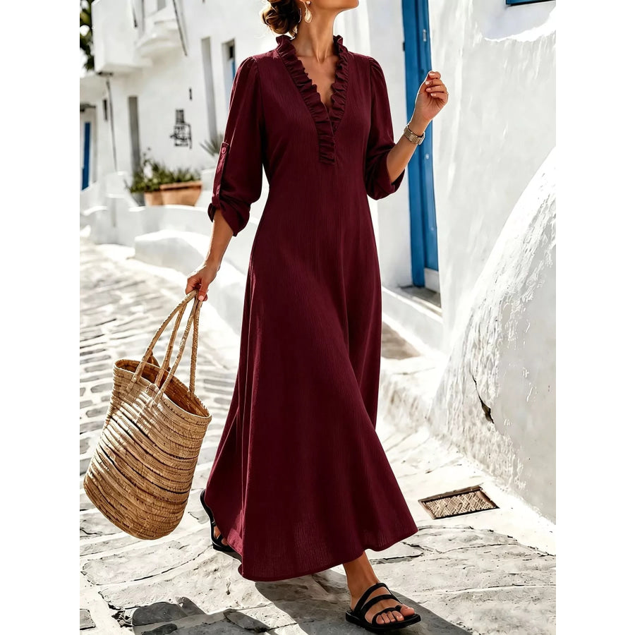 Full Size Frill Roll-Up Sleeve Maxi Dress Plus Apparel and Accessories