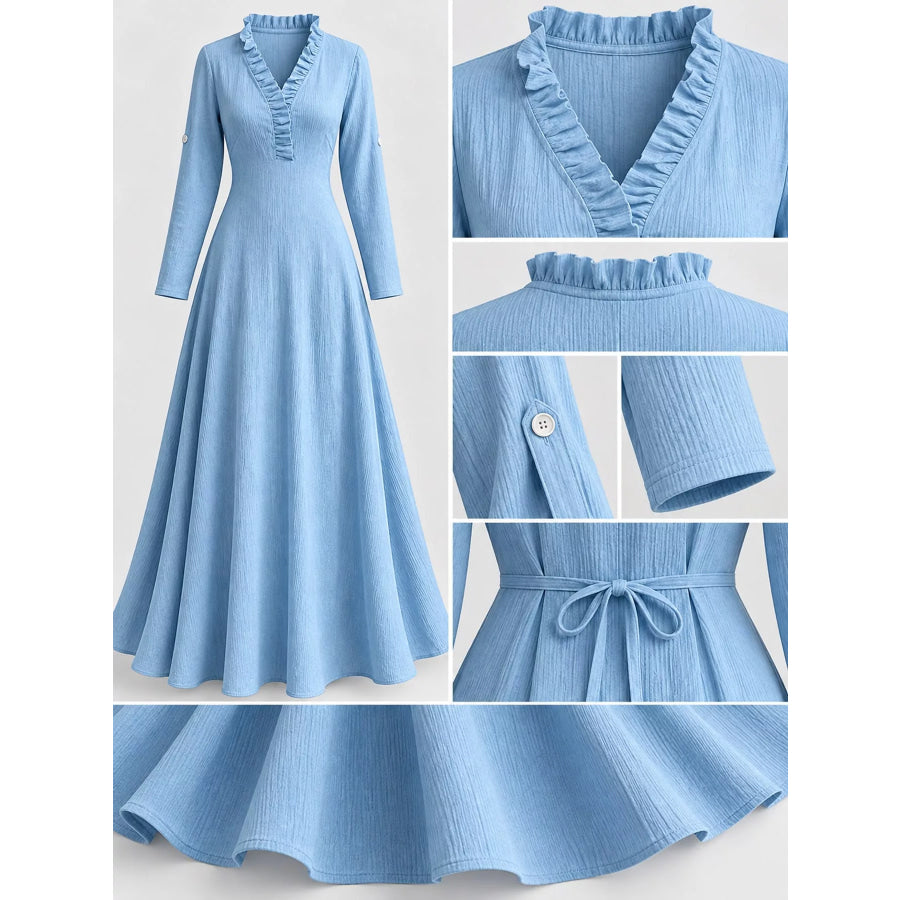 Full Size Frill Roll-Up Sleeve Maxi Dress Plus Apparel and Accessories