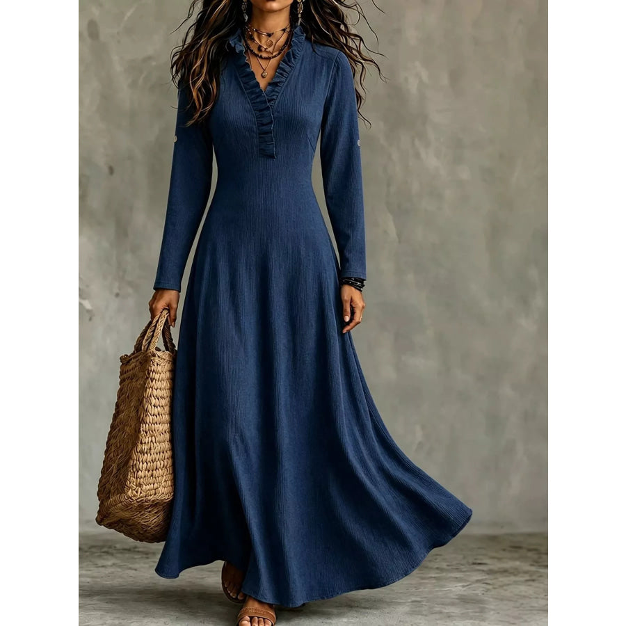 Full Size Frill Roll-Up Sleeve Maxi Dress Plus Dark Blue / XS Apparel and Accessories