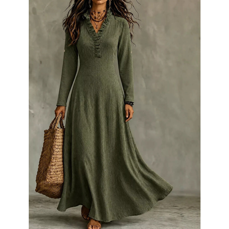 Full Size Frill Roll-Up Sleeve Maxi Dress Plus Green / XS Apparel and Accessories