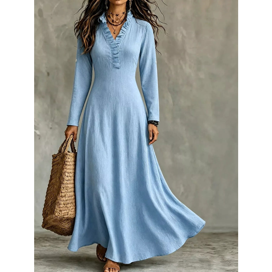 Full Size Frill Roll-Up Sleeve Maxi Dress Plus Sky Blue / XS Apparel and Accessories