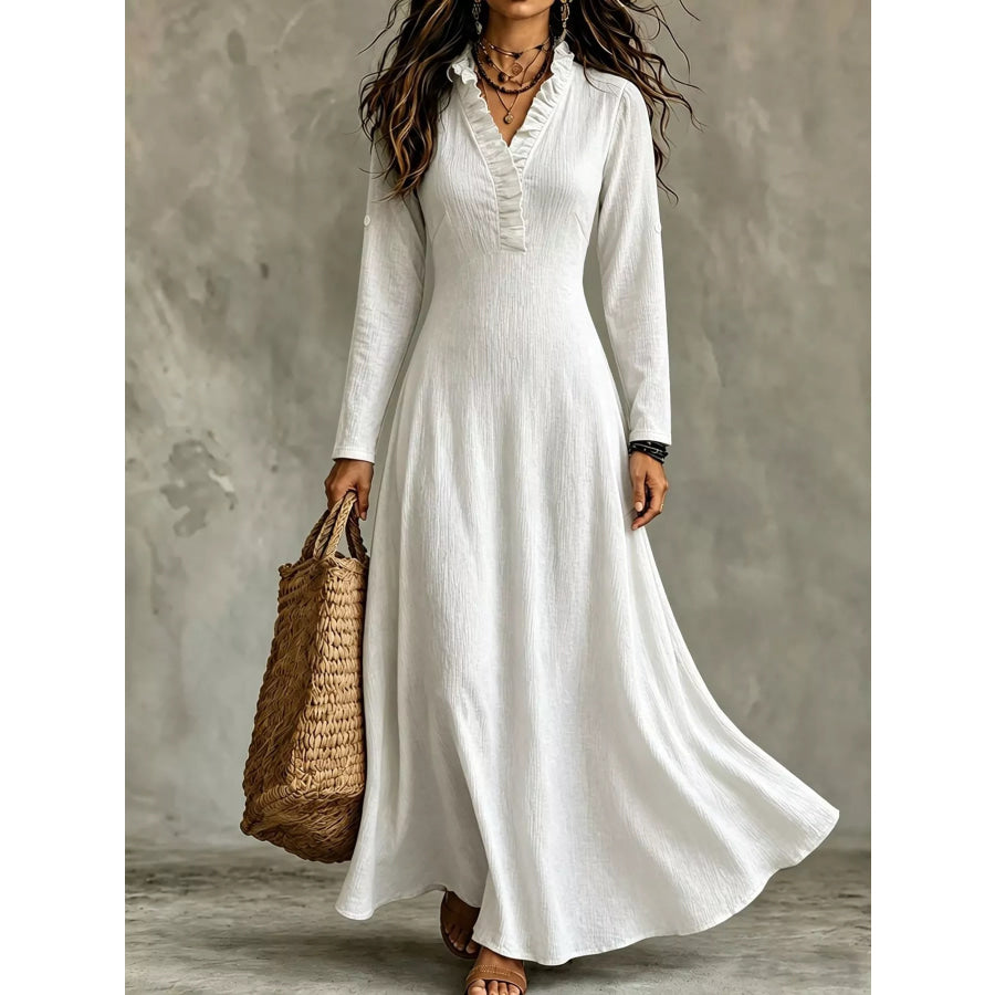 Full Size Frill Roll-Up Sleeve Maxi Dress Plus White / XS Apparel and Accessories