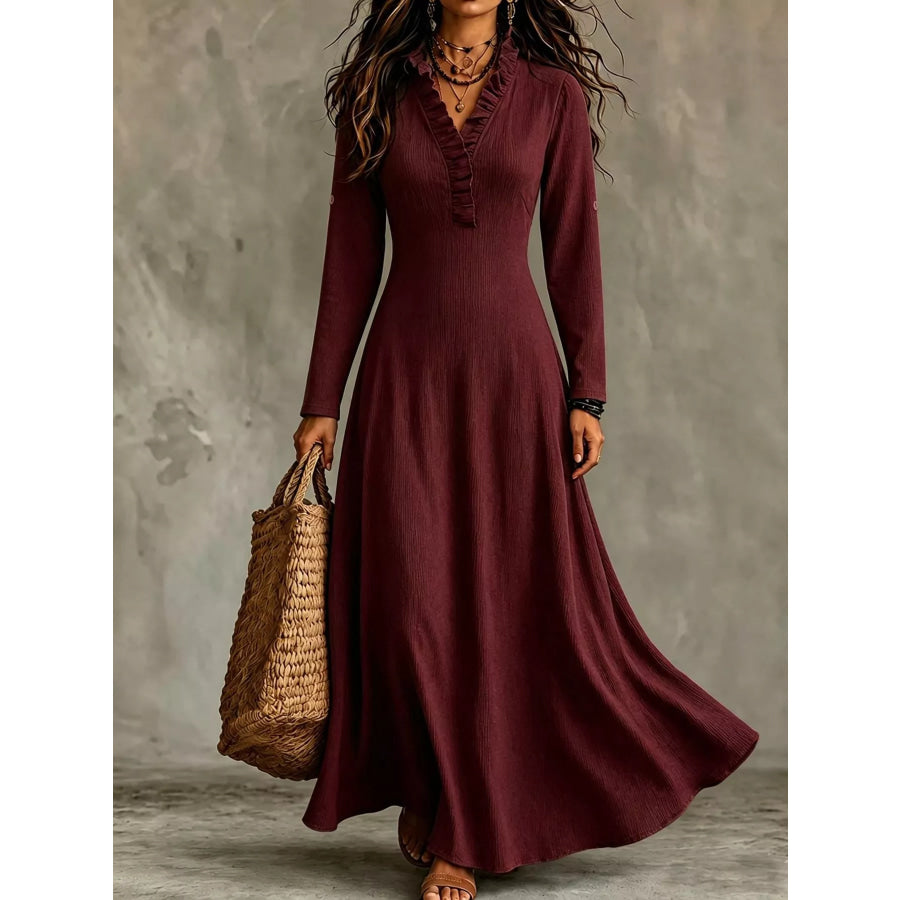 Full Size Frill Roll-Up Sleeve Maxi Dress Plus Wine Red / XS Apparel and Accessories