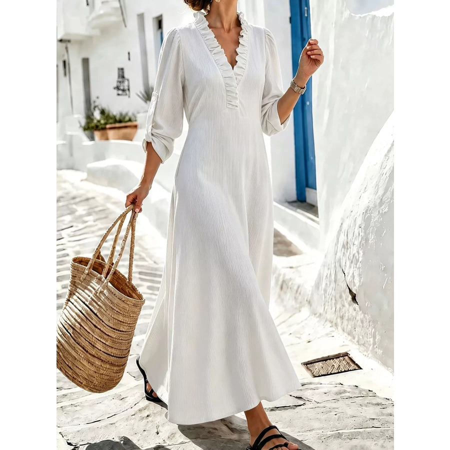 Full Size Frill V-Neck Long Sleeve Maxi Dress Plus Apparel and Accessories