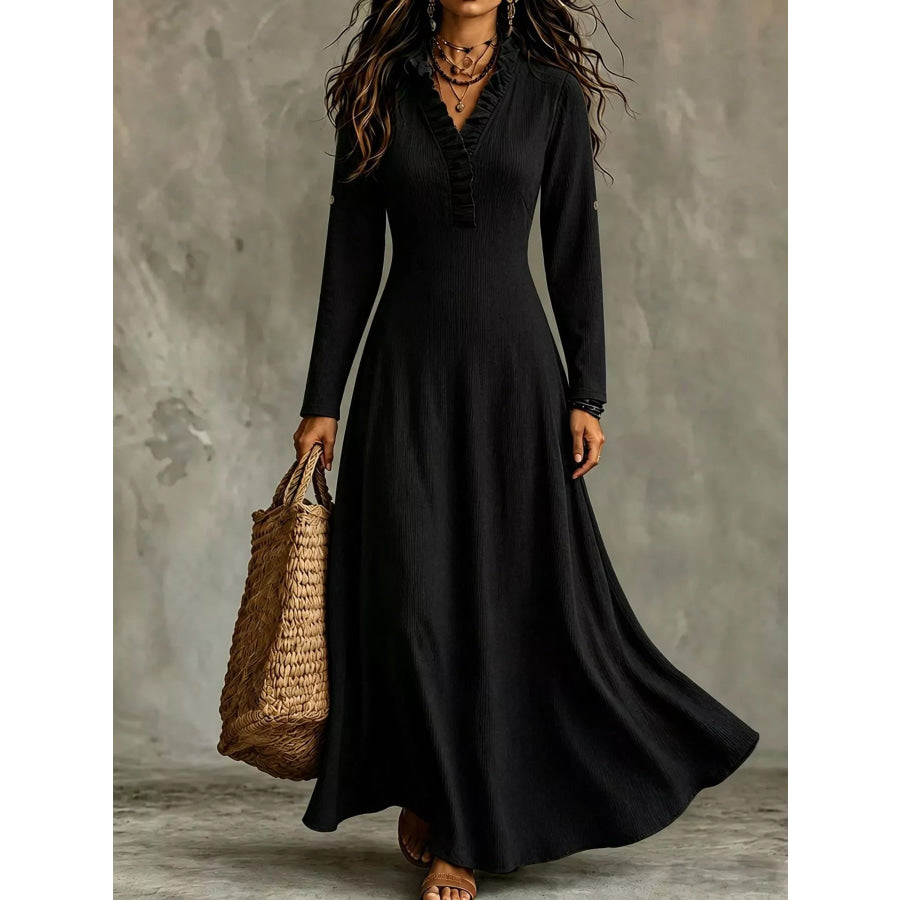 Full Size Frill V-Neck Long Sleeve Maxi Dress Plus Black / XS Apparel and Accessories