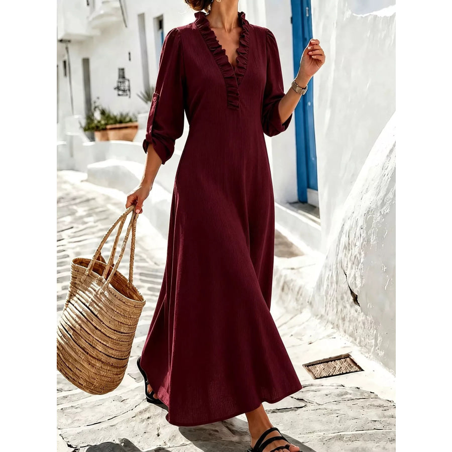 Full Size Frill V-Neck Long Sleeve Maxi Dress Plus Burgundy / XS Apparel and Accessories