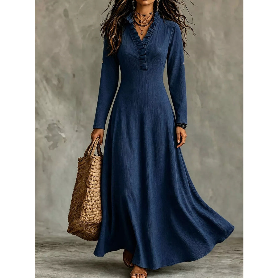 Full Size Frill V-Neck Long Sleeve Maxi Dress Plus Dark Blue / XS Apparel and Accessories