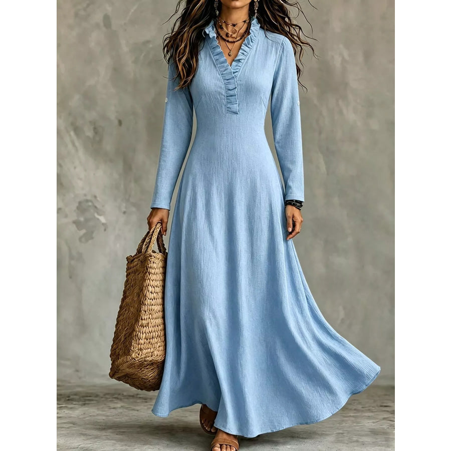 Full Size Frill V-Neck Long Sleeve Maxi Dress Plus Sky Blue / XS Apparel and Accessories