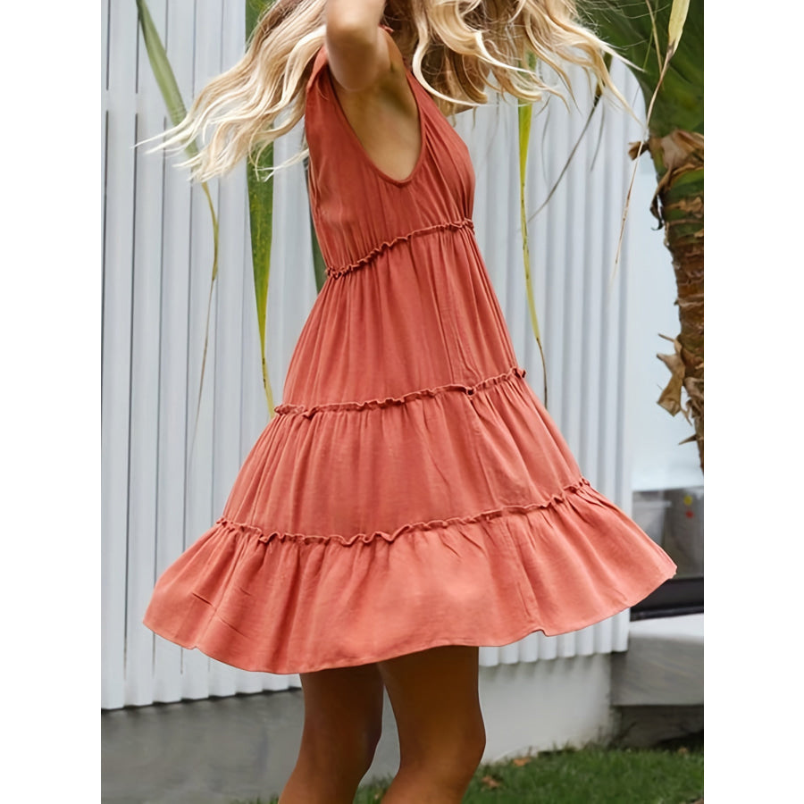 Full Size Frill V-Neck Tie Shoulder Mini Dress Apparel and Accessories