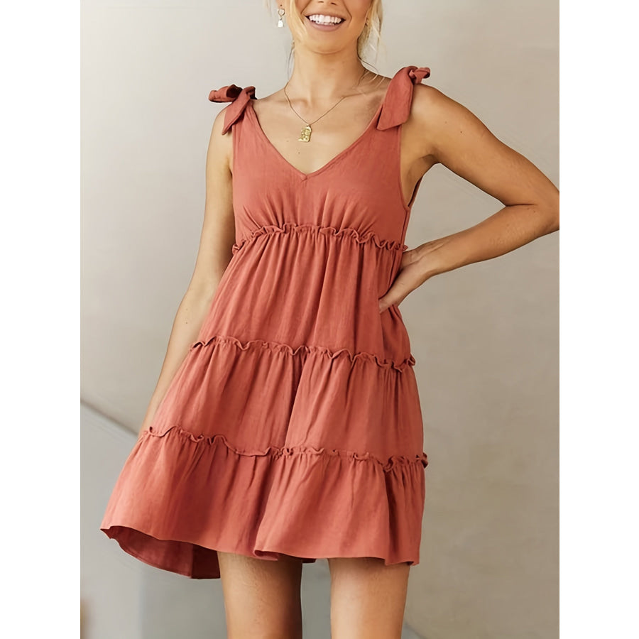 Full Size Frill V-Neck Tie Shoulder Mini Dress Apparel and Accessories