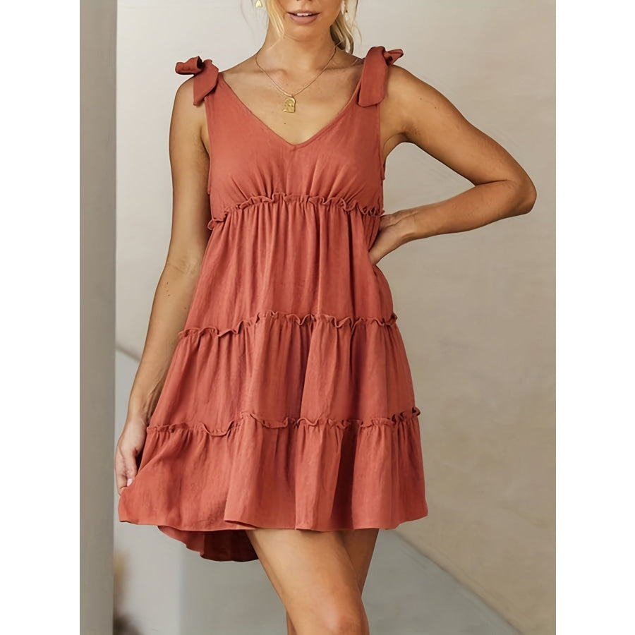 Full Size Frill V-Neck Tie Shoulder Mini Dress Red Orange / XS Apparel and Accessories