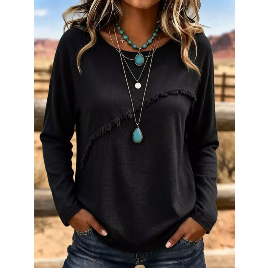 Full Size Fringe Detail Long Sleeve T-Shirt Plus Size Blue / S Apparel and Accessories