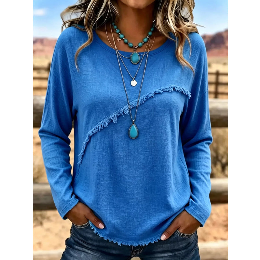 Full Size Fringe Detail Long Sleeve T-Shirt Plus Size Blue / S Apparel and Accessories