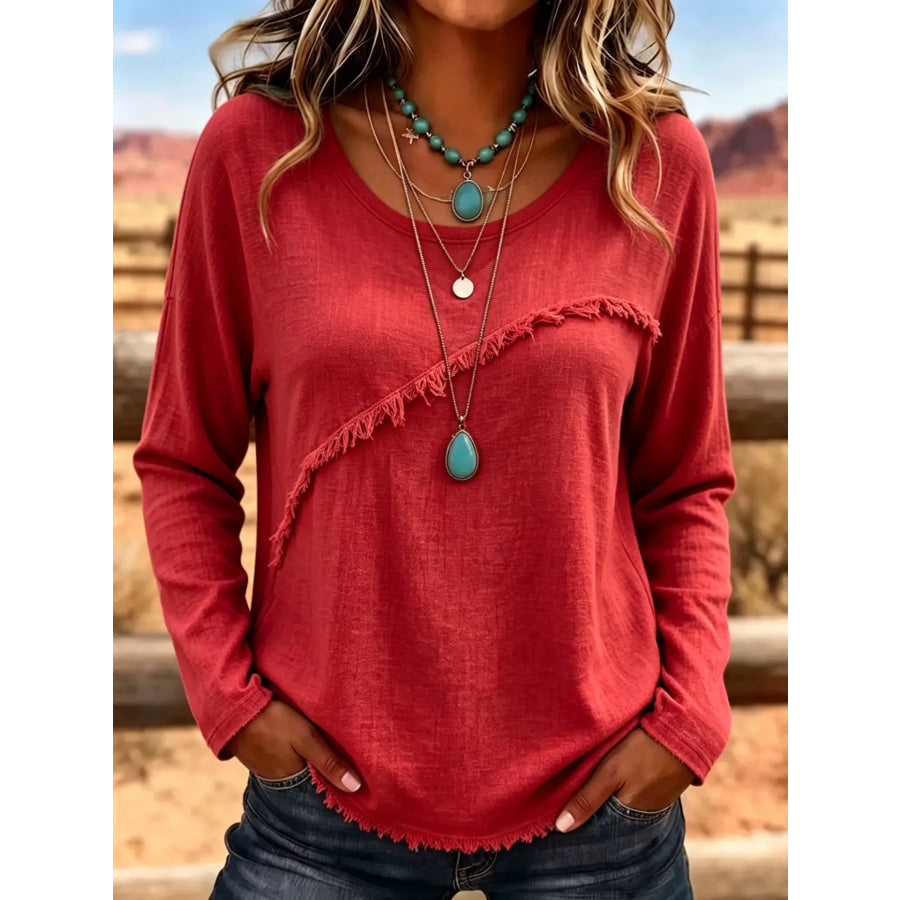 Full Size Fringe Detail Long Sleeve T-Shirt Plus Size Burgundy / S Apparel and Accessories