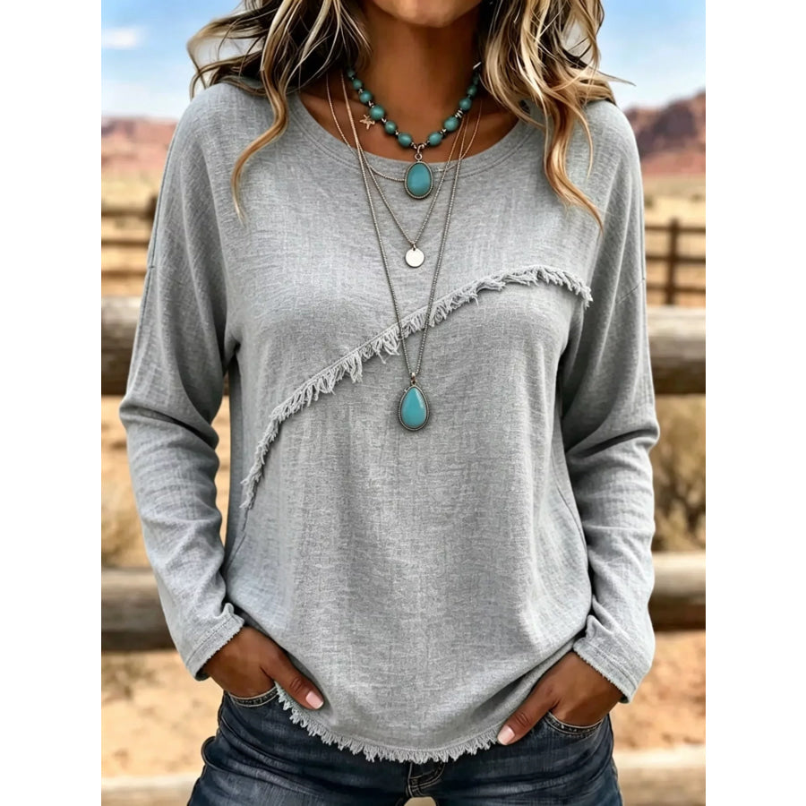 Full Size Fringe Detail Long Sleeve T-Shirt Plus Size Grey / S Apparel and Accessories
