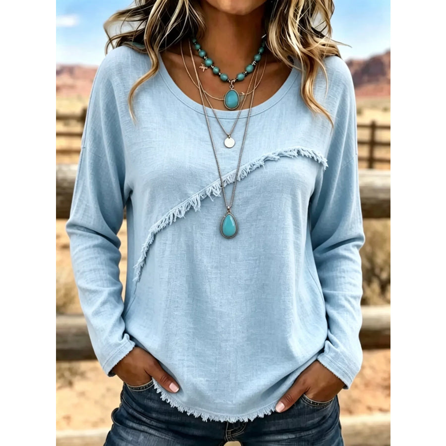 Full Size Fringe Detail Long Sleeve T-Shirt Plus Size Light Blue / S Apparel and Accessories