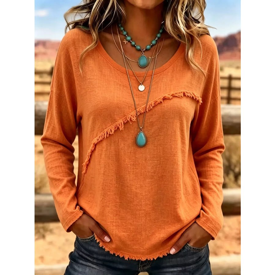 Full Size Fringe Detail Long Sleeve T-Shirt Plus Size Orange / S Apparel and Accessories