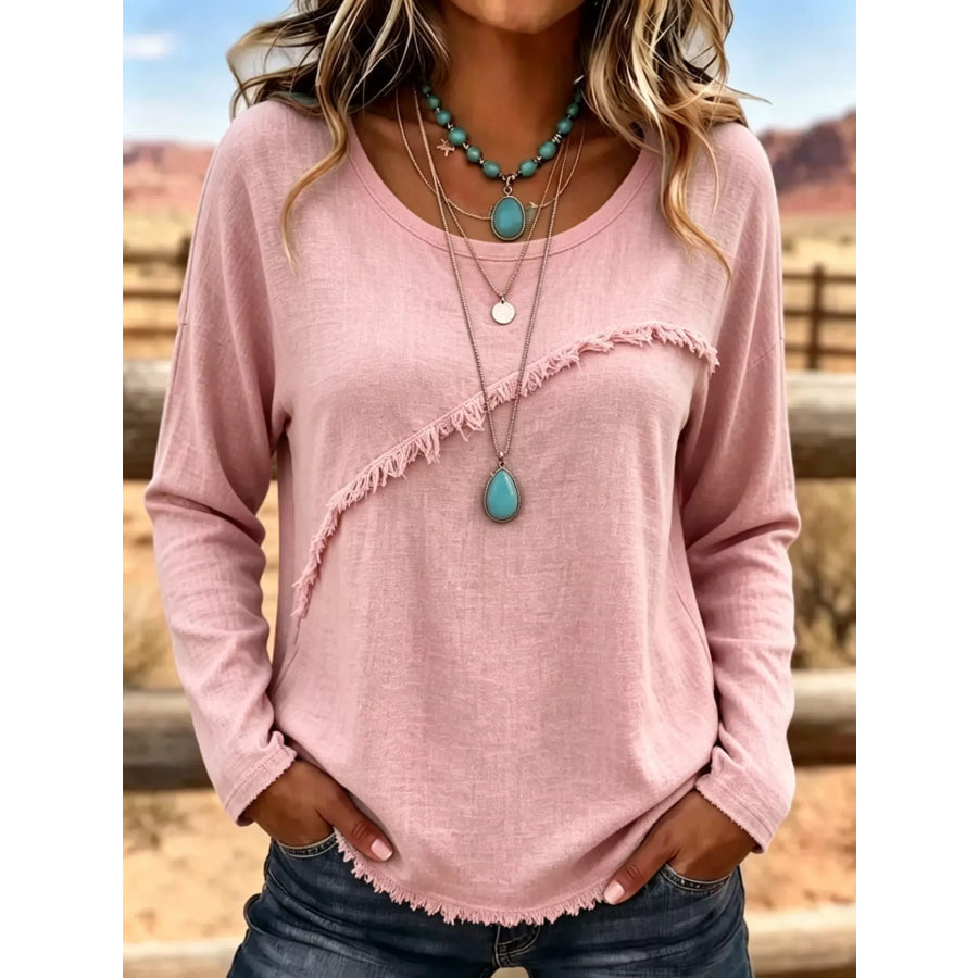 Full Size Fringe Detail Long Sleeve T-Shirt Plus Size Pink / S Apparel and Accessories