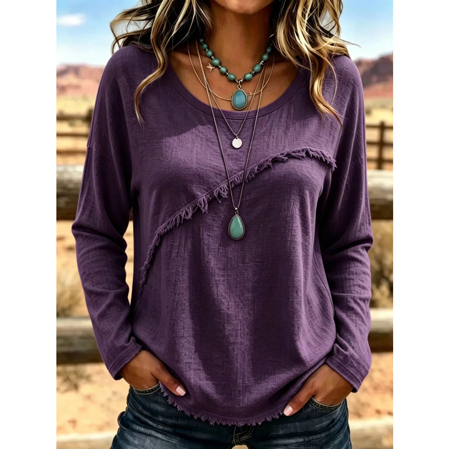 Full Size Fringe Detail Long Sleeve T-Shirt Plus Size Purple / S Apparel and Accessories