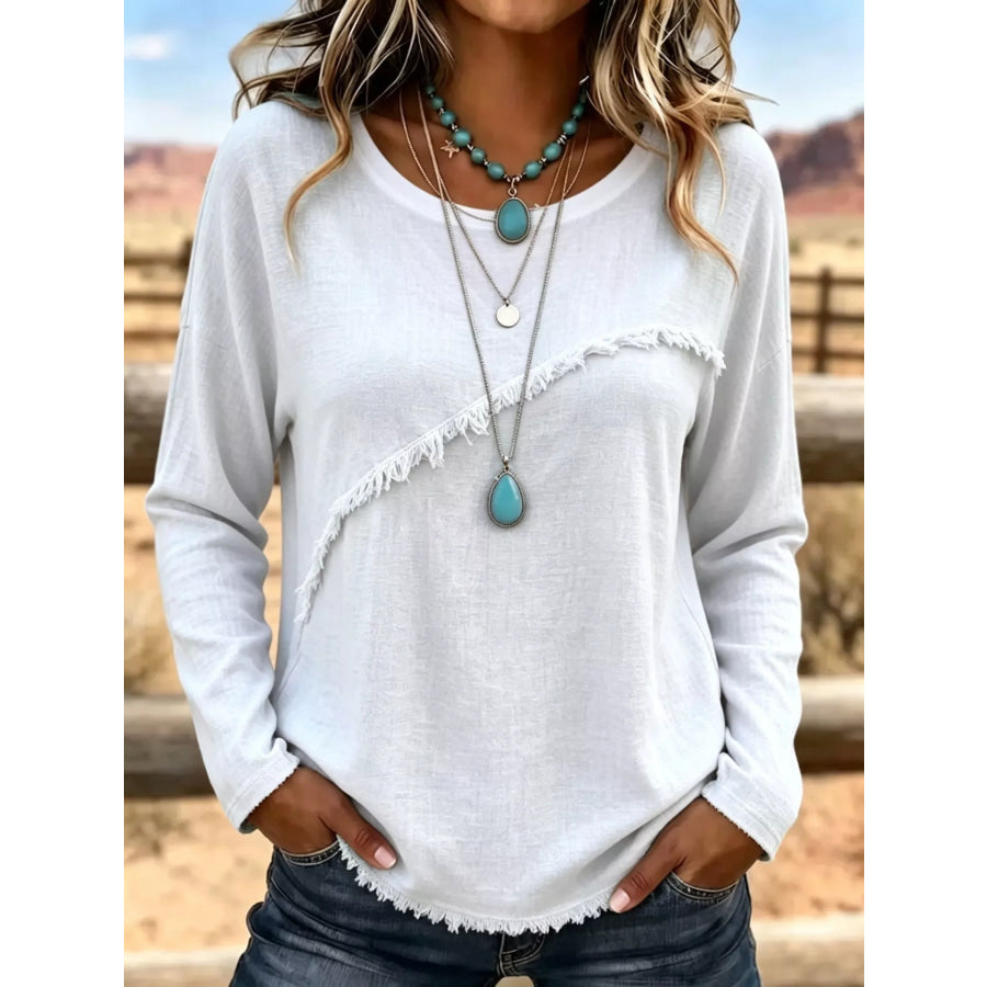 Full Size Fringe Detail Long Sleeve T-Shirt Plus Size White / S Apparel and Accessories