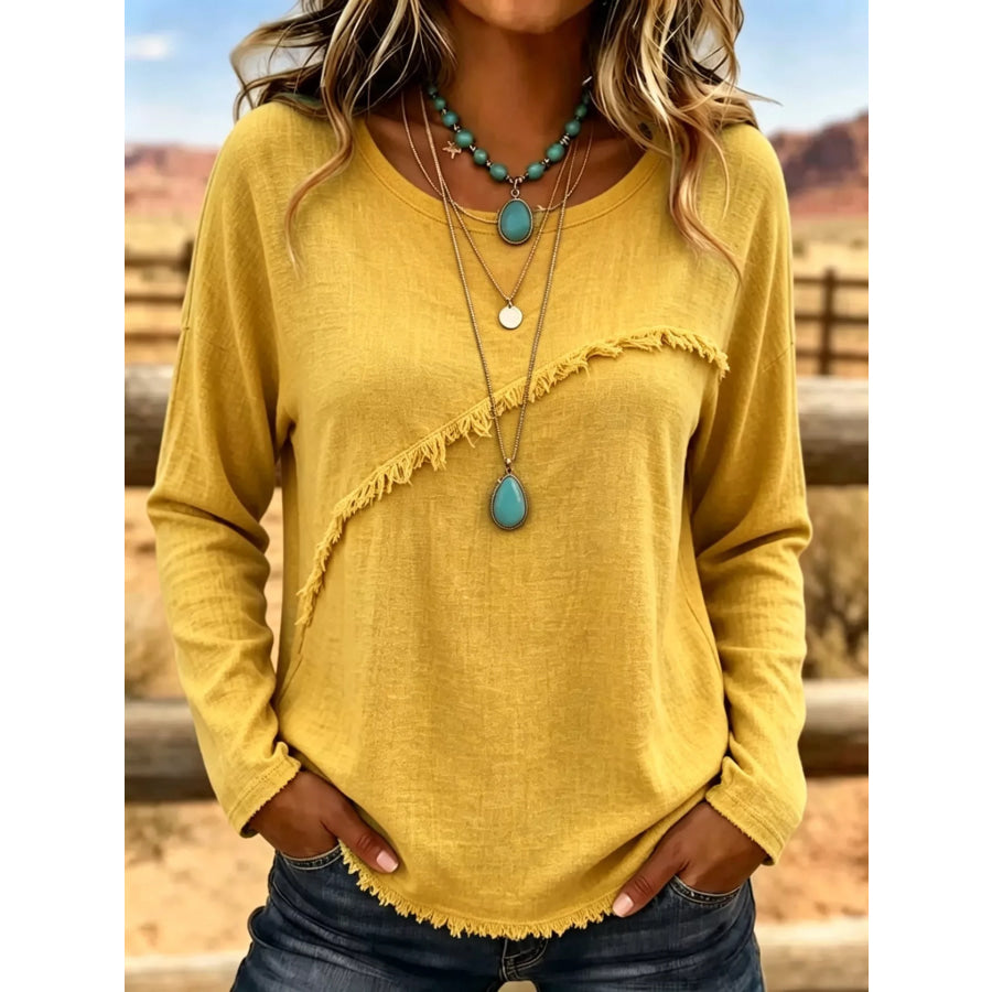 Full Size Fringe Detail Long Sleeve T-Shirt Plus Size Yellow / S Apparel and Accessories