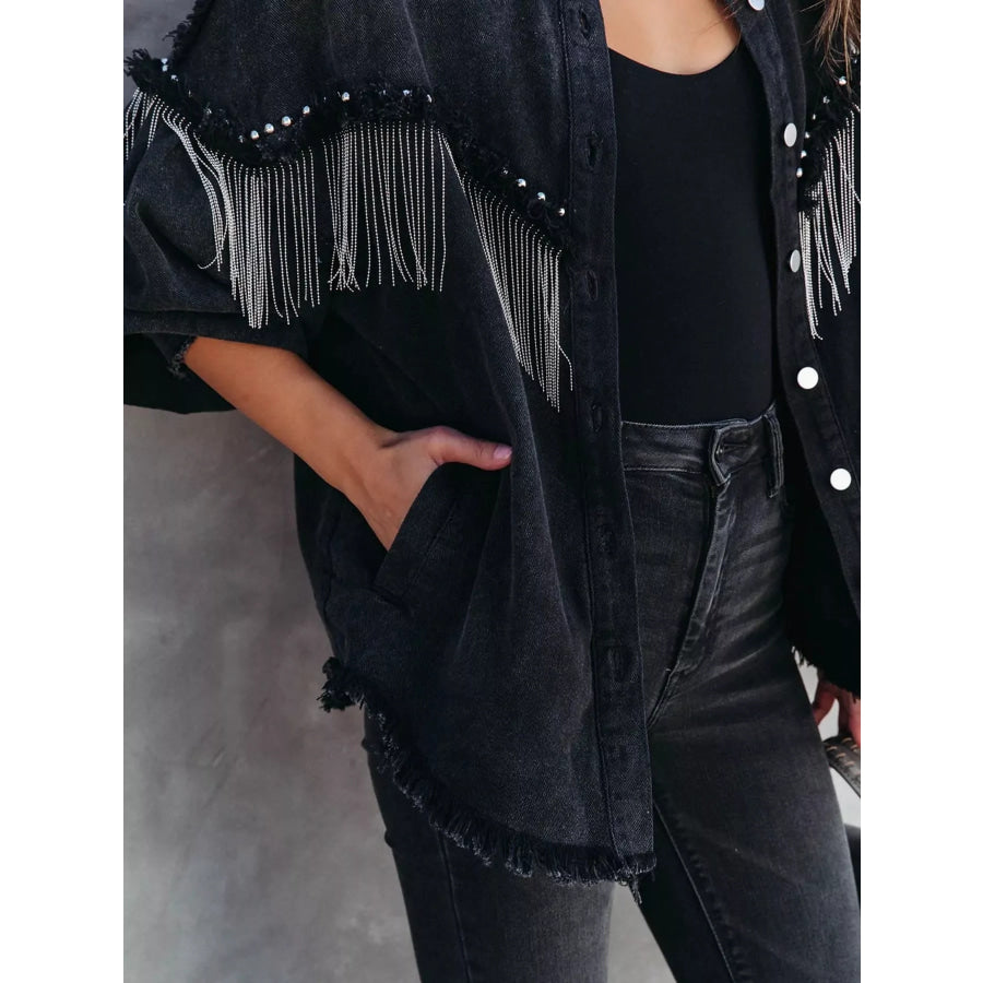Full Size Fringe Embellished Washed Denim Jacket Plus Apparel and Accessories