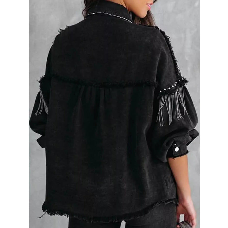 Full Size Fringe Embellished Washed Denim Jacket Plus Apparel and Accessories