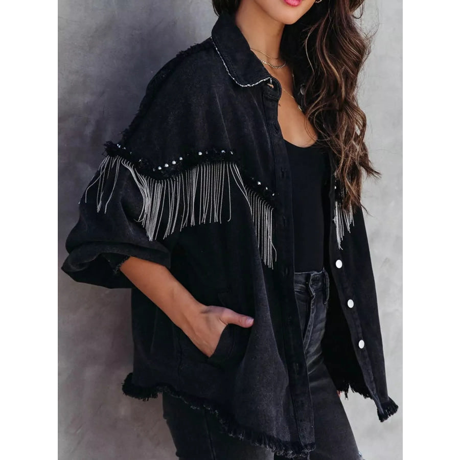 Full Size Fringe Embellished Washed Denim Jacket Plus Apparel and Accessories